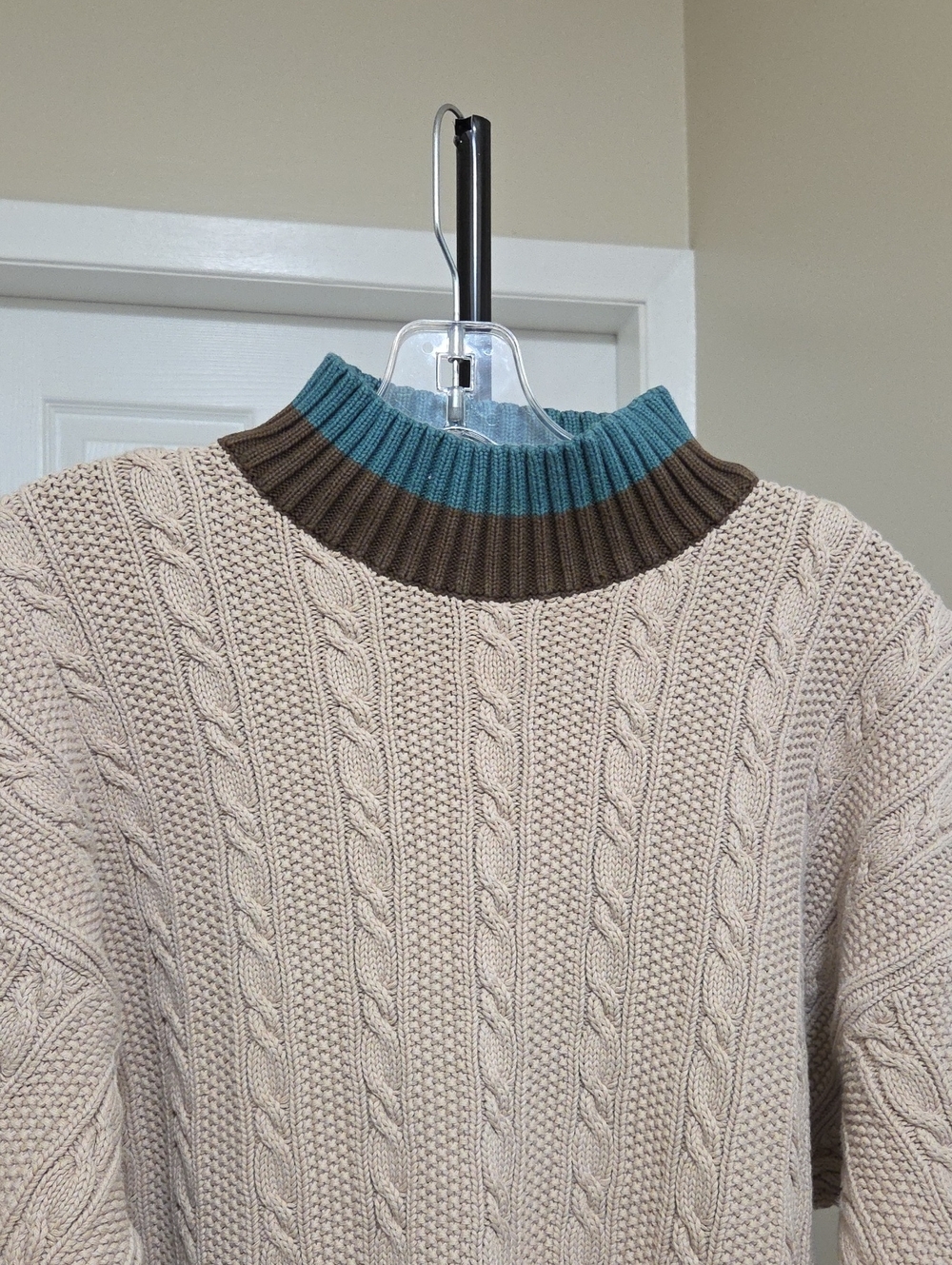 Vintage Eddie Bauer 100% Cotton Cable Knit Sweater Cream Crewneck Brown Teal - Picture 3 of 8